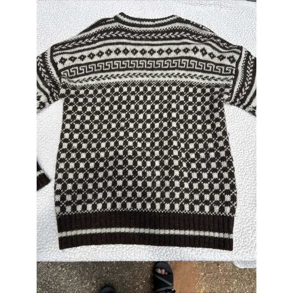 Edward Bryan Mens XL Wool Sweater Brown Cream Greek Key Made in England